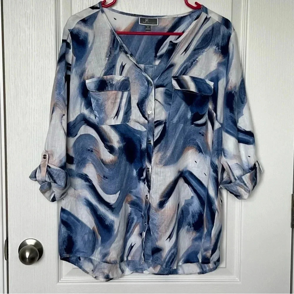 JM Collection 100% Linen Multicolored Top Ouse 3/4 Sleeve Rollup Size 12